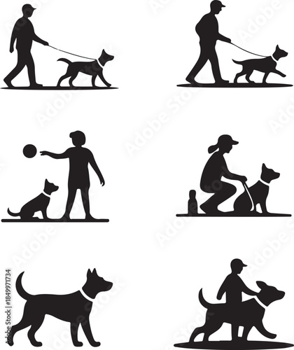 Dog Walking Silhouette Icon Set