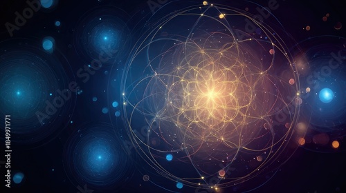 Illuminated celestial geometry with cosmic spheres and intricate details, dark space