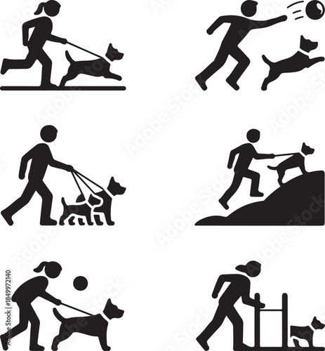 Dog Walking Silhouette Icon Set