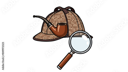 Iconic detective hat and pipe paired with a magnifying glass symbolize mystery, investigation, and classic sleuthing concepts.