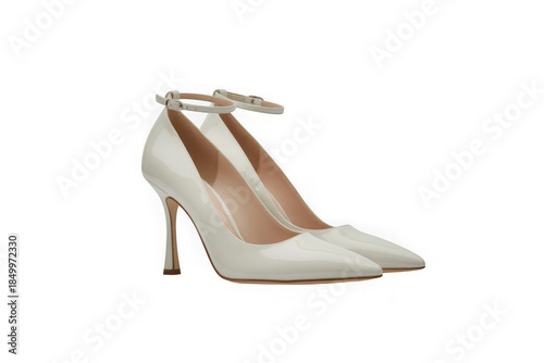 Elegant white patent leather stiletto high heel shoes isolated on transparent background
