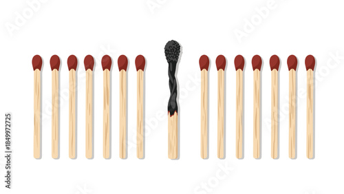 A row of matches shows one burnt matchstick standing out from the others, representing individuality or difference.