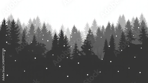 Monochrome snowy forest landscape with pine trees in foggy misty atmosphere