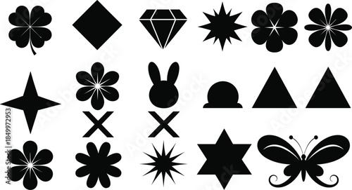 Set of black nature and geometric silhouettes featuring flowers four leaf clovers butterflies rabbits diamonds and star shapes isolated on white background flat vector illustration