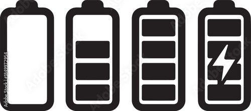 Battery charging indicator icons showing energy levels and power supply in silhouette vector illustration for eco tech and electric vehicles icon