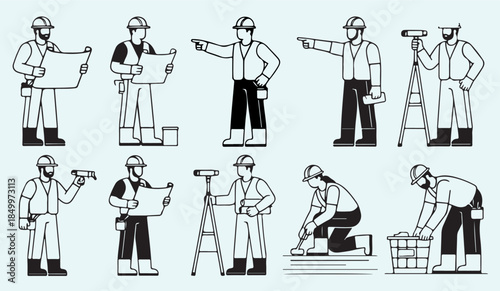 Architects and construction workers people in editable vector lines