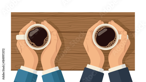 Two pairs of hands hold steaming cups of coffee above a wooden table, suggesting a meeting or shared moment.