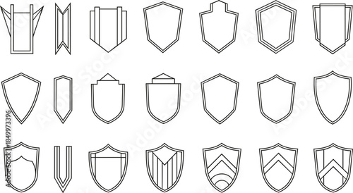 Set of geometric shield outlines and heraldic crest icons featuring various protection and security shapes isolated on white background thin line vector illustration for branding and logos