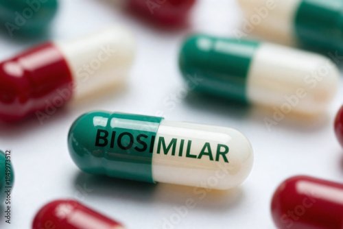 Medication pills with the word Biosimilar printed on a capsule, healthcare concept of pharmaceutical drug that have similar biological properties to biologic medicine. Closeup, white background.