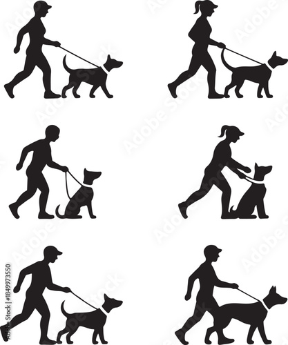 Dog Walking Silhouette Icon Set