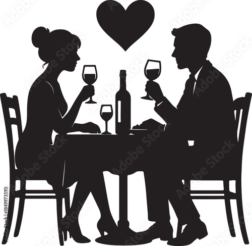 Romantic Italian dinner with wine creates intimate moment, perfect for Valentine's Day card design silhouette vector illustration