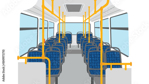 Interior view of an empty public transportation bus with blue patterned seats and yellow handrails, ready for passengers.