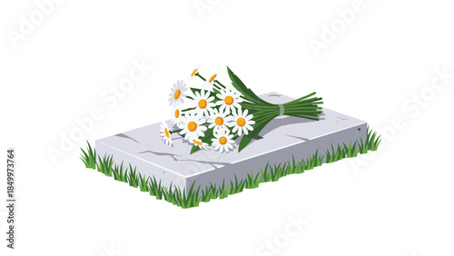A bouquet of daisies rests peacefully on a weathered tombstone surrounded by vibrant green grass, symbolizing remembrance and respect.