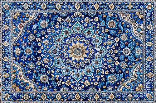 Rich blue oriental floral carpet design with intricate central medallion and detailed borders luxurious decorative textile pattern