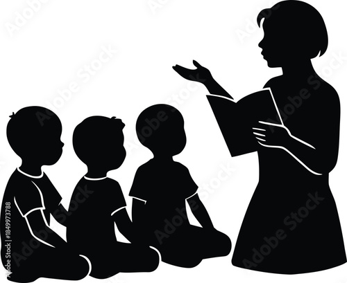 Story time featuring teacher reading to children, perfect for educational content and designs for school project silhouette vector illustration