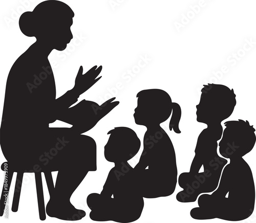 Story time featuring teacher reading to children, perfect for educational content and designs for school projects silhouette vector illustration