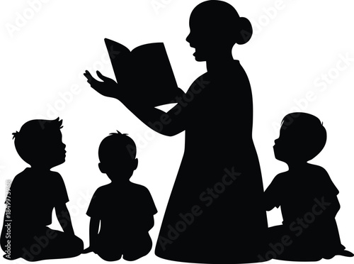 Story time featuring teacher reading to children, perfect for educational content and designs for school projects silhouette vector illustrations