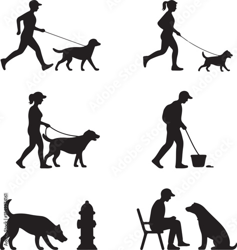 Dog Walking Silhouette Icon Set