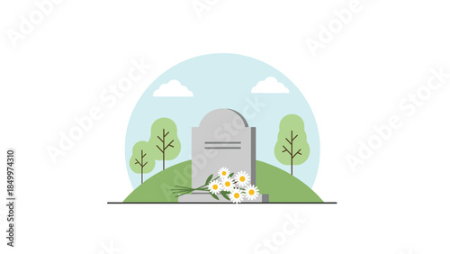 A serene gravesite with a stone marker and delicate white daisies evokes remembrance and peaceful mourning in a tranquil setting.