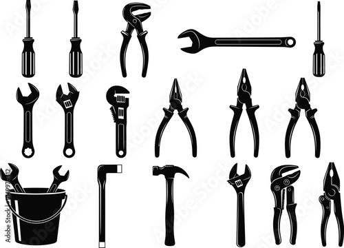 Set of black hand tool silhouettes featuring screwdrivers wrenches pliers and hammer isolated on white background flat vector illustration for construction and home repair DIY concepts