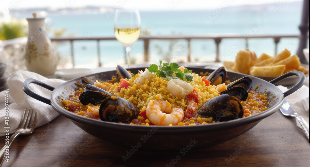 Fototapeta premium Enjoyable seafood paella meal with shrimp, mussel, and rice at restaurant overlooking beautiful calm ocean