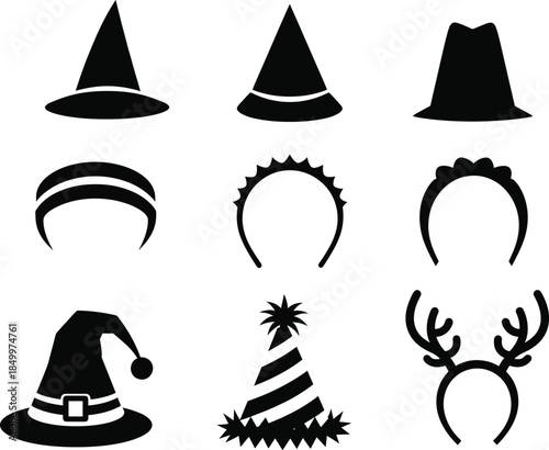 Set of black hat silhouettes featuring witch hats wizard caps reindeer antlers and party headbands isolated on white background flat vector illustration for Halloween and holiday costumes
