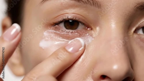 Woman Applies White Cream Under Eye For Skincare Treatment In Bright Studio Setting With Focus On Finger Application And Smooth Skin Texture For