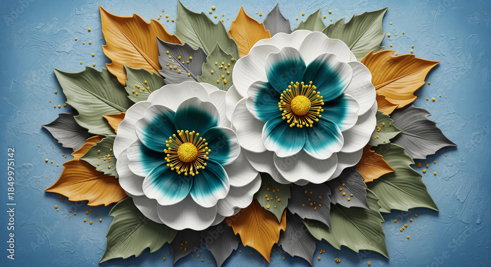 © printartist - 3D bas-relief of white and teal flowers with mustard yellow leaves 3D Wall Mural. floral landscapes. 3d floral art, floral wallpaper, Luxurious textile tile wall art © printartist - 3D bas-relief of white and teal flowers with mustard yellow leaves 3D Wall Mural. floral landscapes. 3d floral art, floral wallpaper, Luxurious textile tile wall art