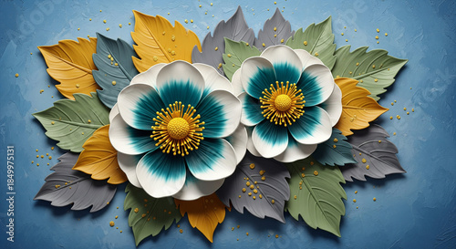 3D bas-relief of white and teal flowers with mustard yellow leaves 3D Wall Mural. floral landscapes. 3d floral art, floral wallpaper, Luxurious textile tile wall art