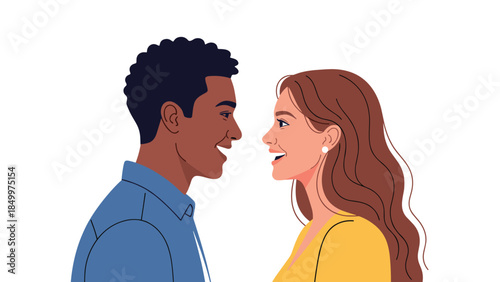 Smiling couple facing each other, enjoying a pleasant conversation and connection, showcasing positive interaction and affection.