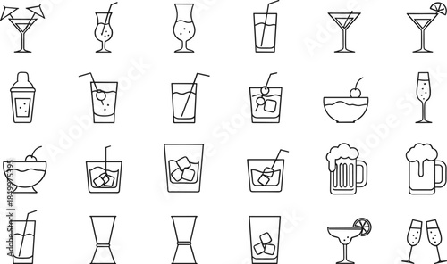 Set of thin line bar and cocktail icons featuring various drink glasses including martini margarita champagne flute beer mug and tropical spirits isolated on white background flat vector illustration