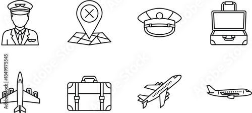 Set of thin line aviation icons featuring pilot silhouettes airplanes airline captain hats flight navigation maps and travel suitcases isolated on white background flat vector illustration