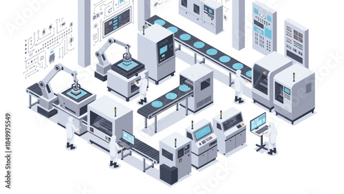 Modern automated factory floor with robotic arms and conveyor belts efficiently producing circular components, showcasing advanced manufacturing processes.