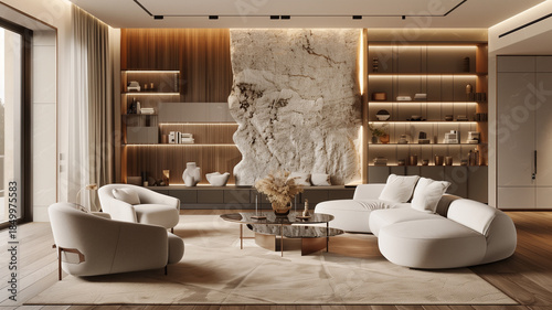 Inviting living room showcasing neutral tones plush seating stone accents and warm lighting