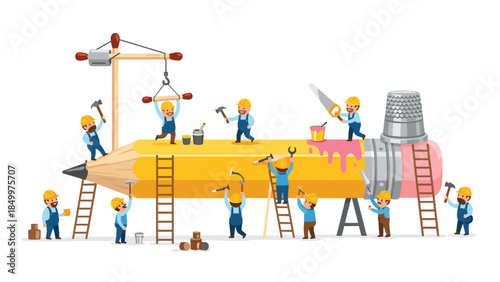 Construction workers are diligently building and repairing a giant yellow pencil, symbolizing creativity and collaborative effort.