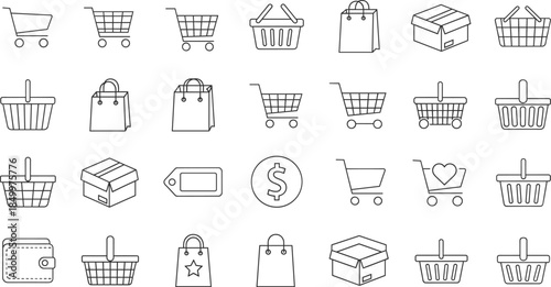 Set of thin line shopping icons featuring various shopping carts baskets paper bags delivery boxes price tags and wallet symbols isolated on white background vector illustration for e-commerce