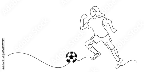 Girl playing football. Girl running with soccer ball. Continuous line drawing.