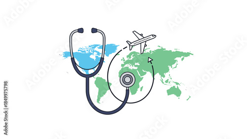 Global healthcare network concept featuring a stethoscope over a world map with an airplane and cursor.
