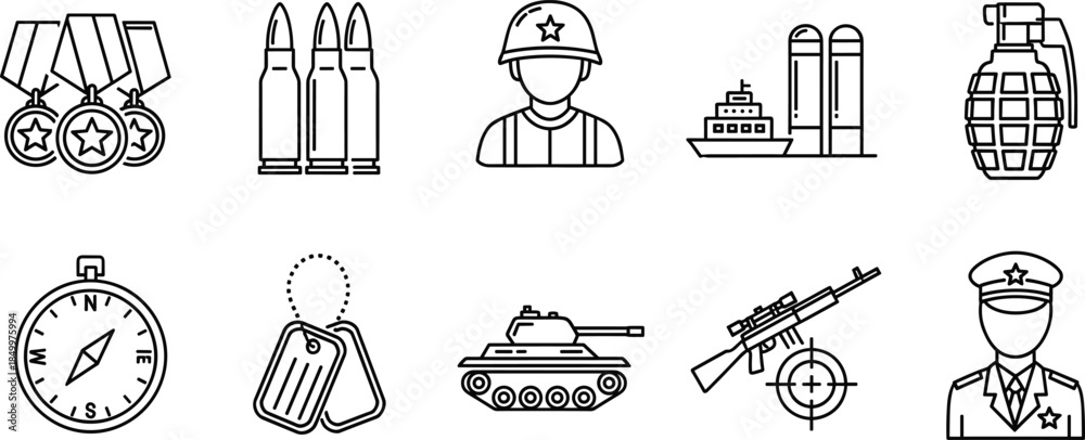 Fototapeta premium Set of military and army icons featuring soldier silhouettes weapons ammunition tanks grenades and medals isolated on white background thin line vector illustration for defense and tactical concepts
