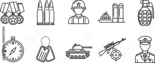 Set of military and army icons featuring soldier silhouettes weapons ammunition tanks grenades and medals isolated on white background thin line vector illustration for defense and tactical concepts