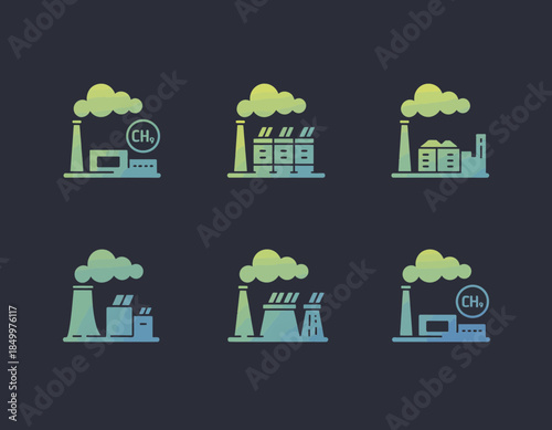 Industrial factory icons, environmental pollution, methane emissions, climate change