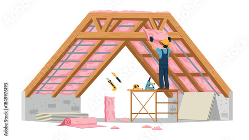 Construction worker installing pink fiberglass insulation in an attic space under the roof rafters for home energy efficiency.