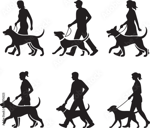 Dog Walking Silhouette Icon Set