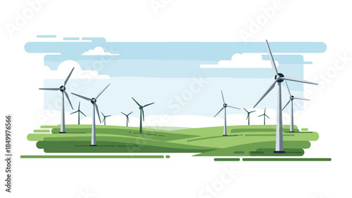 Rolling green hills host a large wind farm with numerous turbines generating clean energy under a bright blue sky.