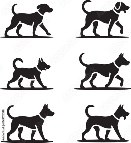 Dog Walking Silhouette Icon Set