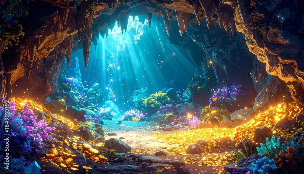 Fototapeta premium Sunlit cave interior teeming with treasure and lush flora, creating an enchanting, fantasy-like scene