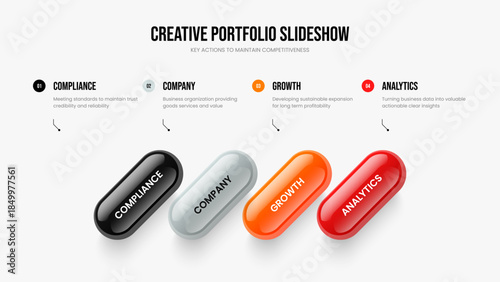 Product Visualization 4 Option Infographic Slideshow Layout. Marketing Solution Four Element Diagram Frame Template. Professional Showcase Presentation Design Vector Illustration.