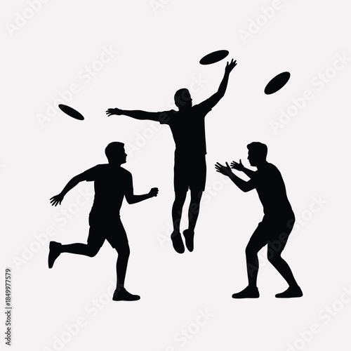 Silhouette of three men playing with frisbees in mid air silhouettes sports recreation vector illustration on  light white background.
