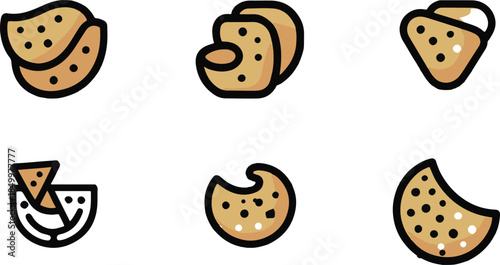 Crunchy Snacks and Cookies Icon Set - Minimalist Potato Chips and Biscuit Vector Illustrations