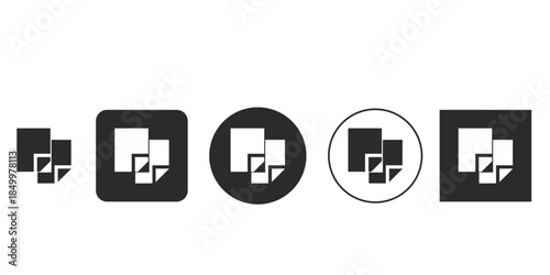 Monochrome stacking documents icon vector graphics set | Black and white layered papers interface symbol design | Abstract multiple file arrangement web button sign | UI/UX design element icon